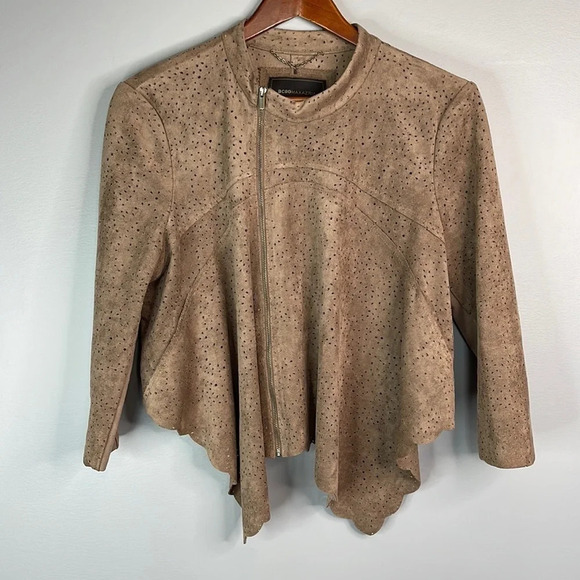 BCBGMAXAZRIA Perforated Faux Suede Crop Jacket Mocha Draped Front 3/4 Sleeves L - Picture 13 of 13